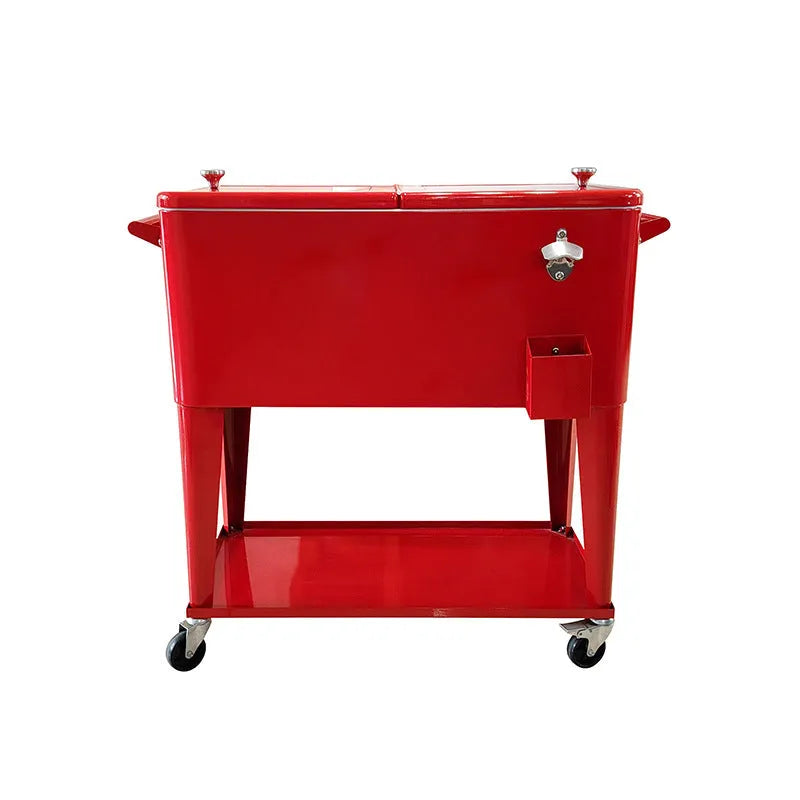 Red metal outdoor insulated picnic trolley with wheels and a 750 capacity.