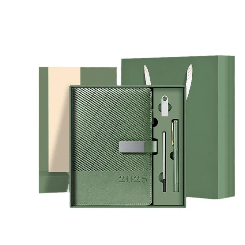 A5 executive notepad with striped PU leather cover open on desk, showing lined wood-free paper.