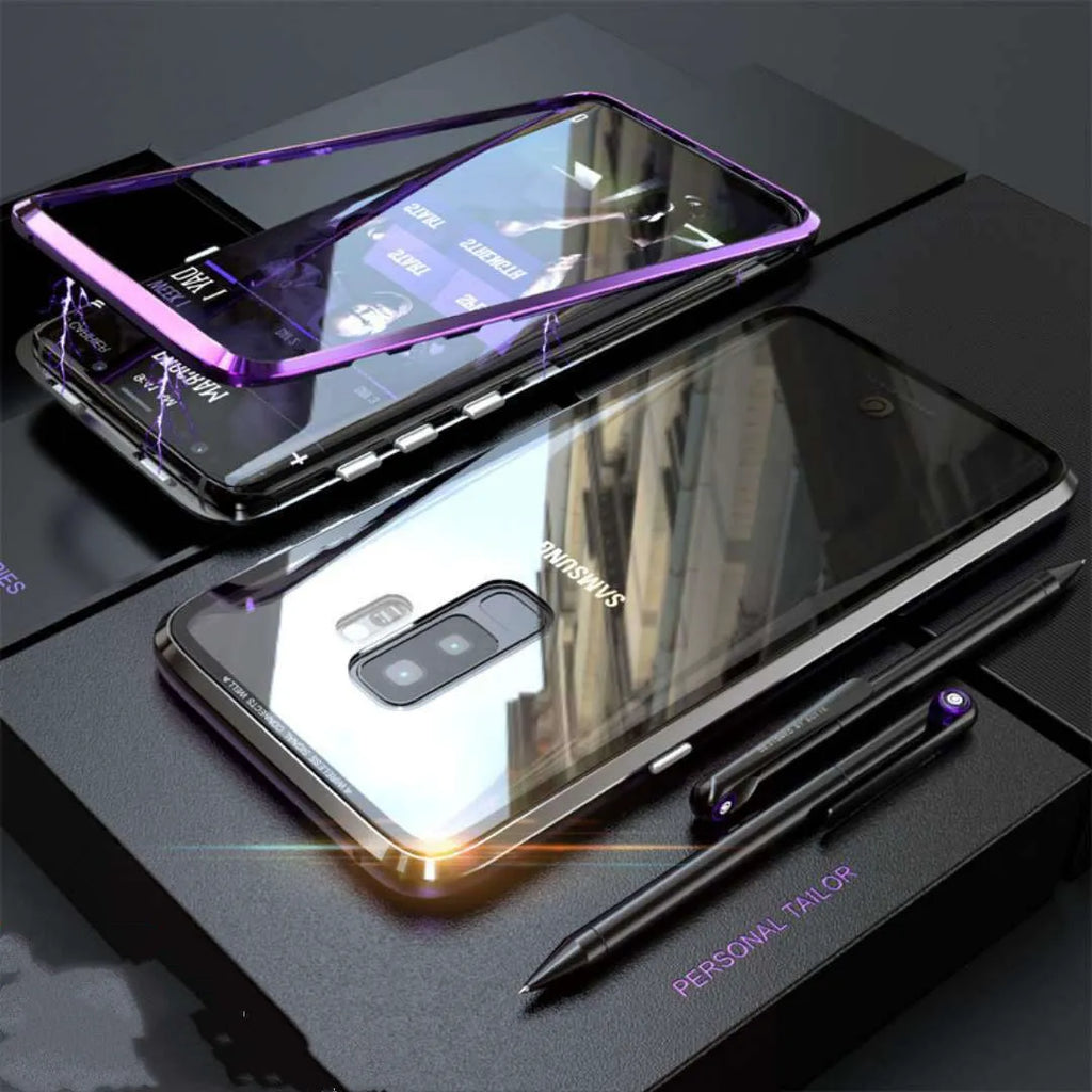 Black magnetic clamshell phone case with privacy screen for Samsung Galaxy phone.