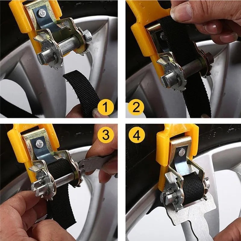Three yellow snow tyre chains made of TPU and stainless steel, designed for car tyres 165mm to 265mm width, winter driving