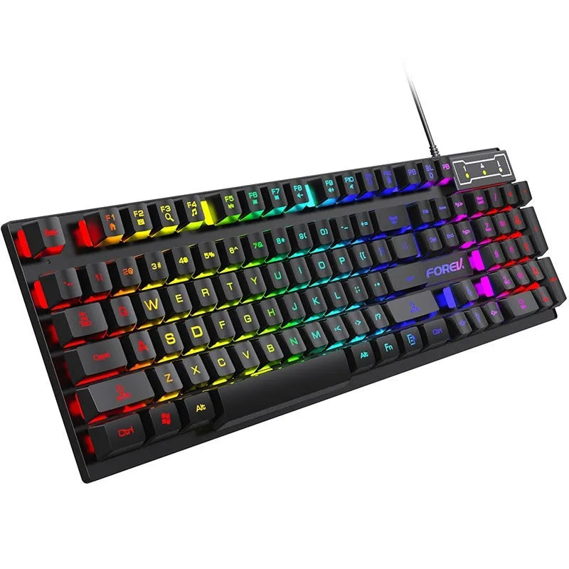 Black 104-key backlit gaming keyboard with compact design and matching mouse