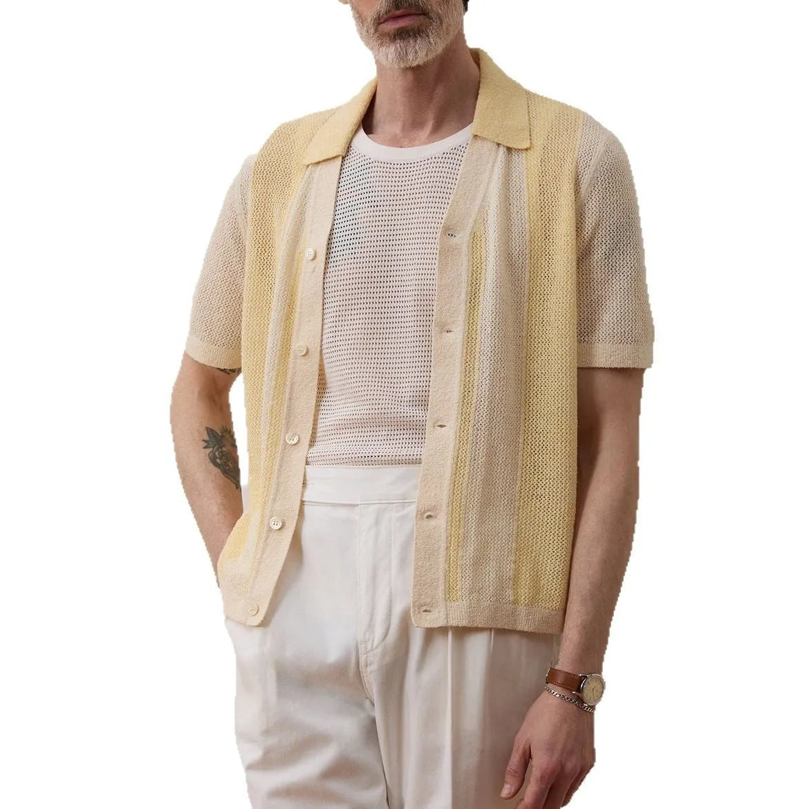 Yellow short-sleeved polo shirt with asymmetric design and hollow-out pattern details