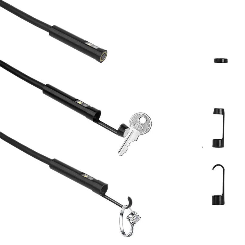 F300 wireless endoscope with dual-lens camera, hook, and magnet accessories on a smartphone displaying a live feed.