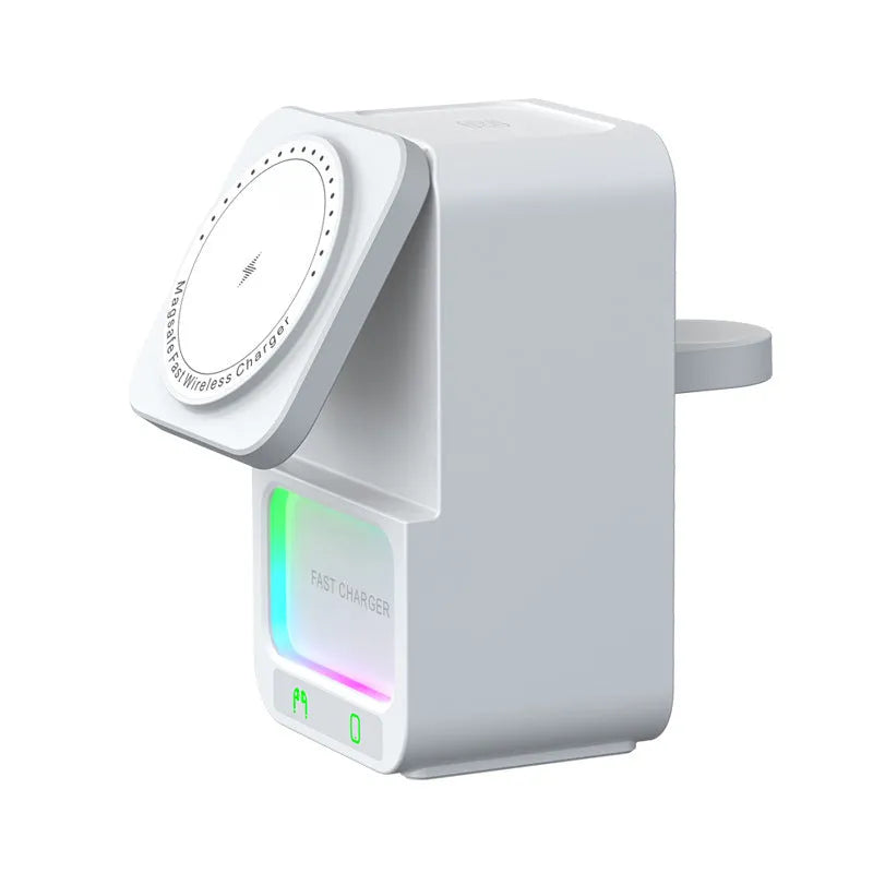 White and black 5-in-1 wireless charger Bluetooth speaker with magnetic charging support