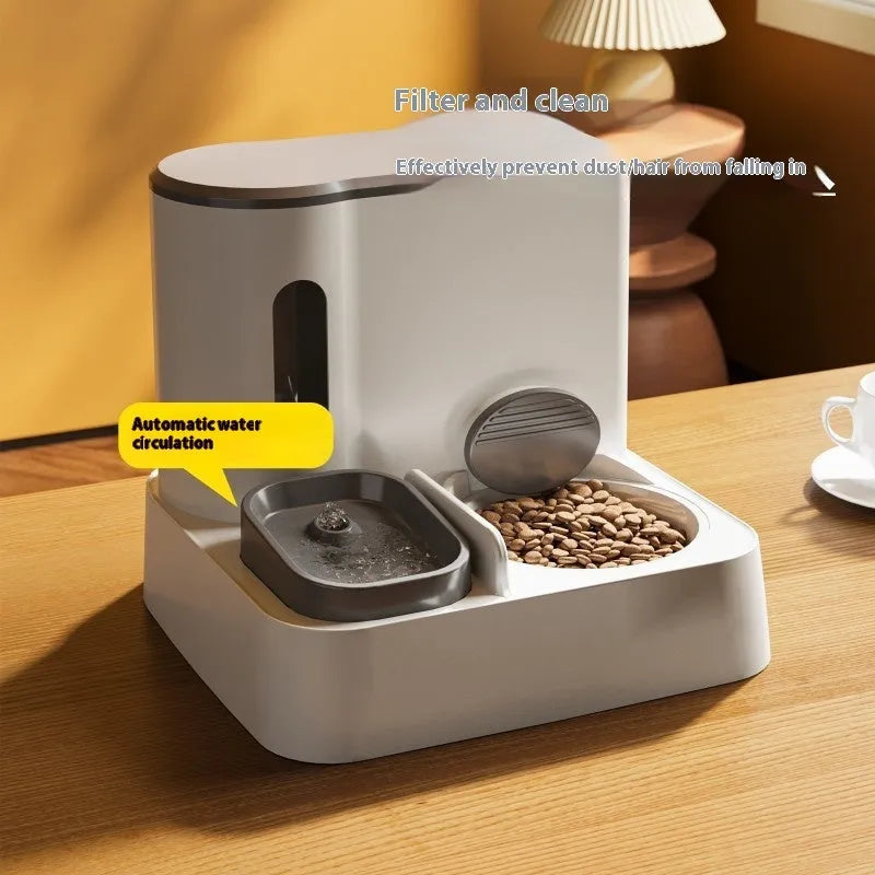 Automatic cat feeder and water dispenser with integrated double bowl in grey, green, or yellow