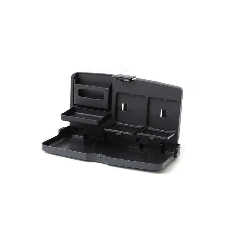 Foldable black car tray stand with cup holder on a car passenger seat