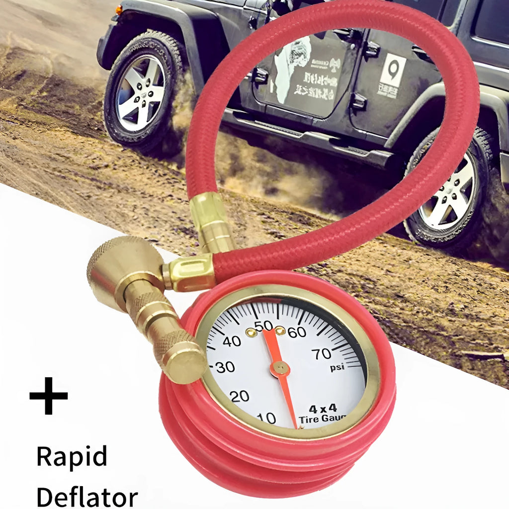 Mechanical automobile tyre pressure gauge with metal body and rubber shell in red, black, and silver finishes.
