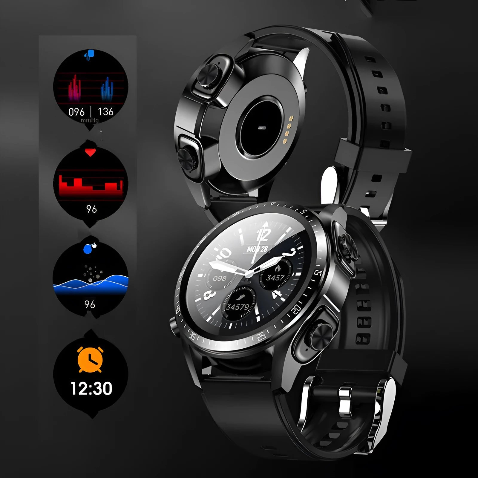 Black smart watch with blood pressure monitoring on silicone strap showing 1.28 inch display