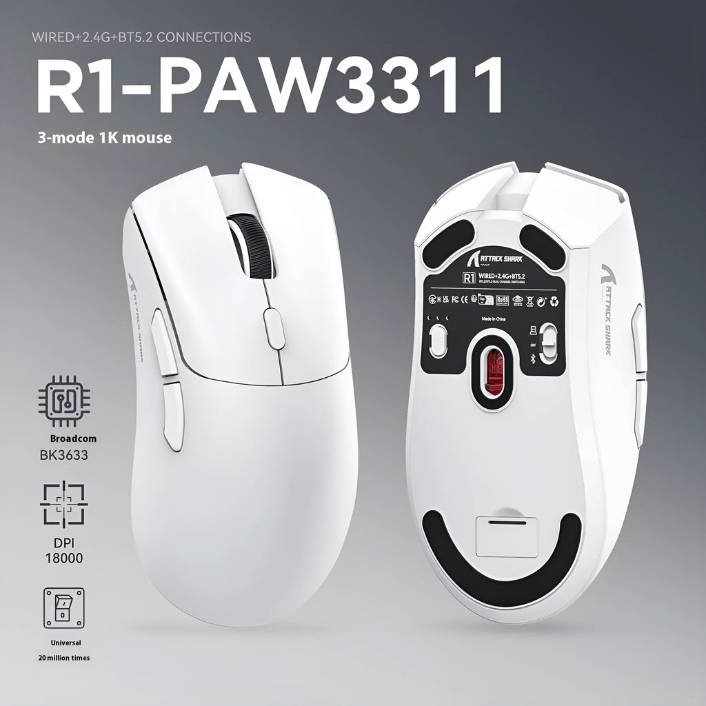 Wireless gaming mouse in black, red or white colours with three connection modes