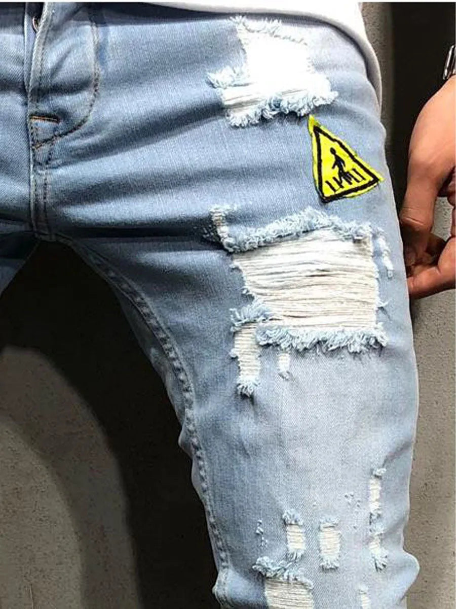Men's retro low-waist pencil jeans in blue, flat front, cotton polyester blend with zip fly