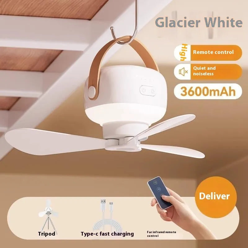 Small rechargeable camping fan with night light and remote control mounted with wire bracket