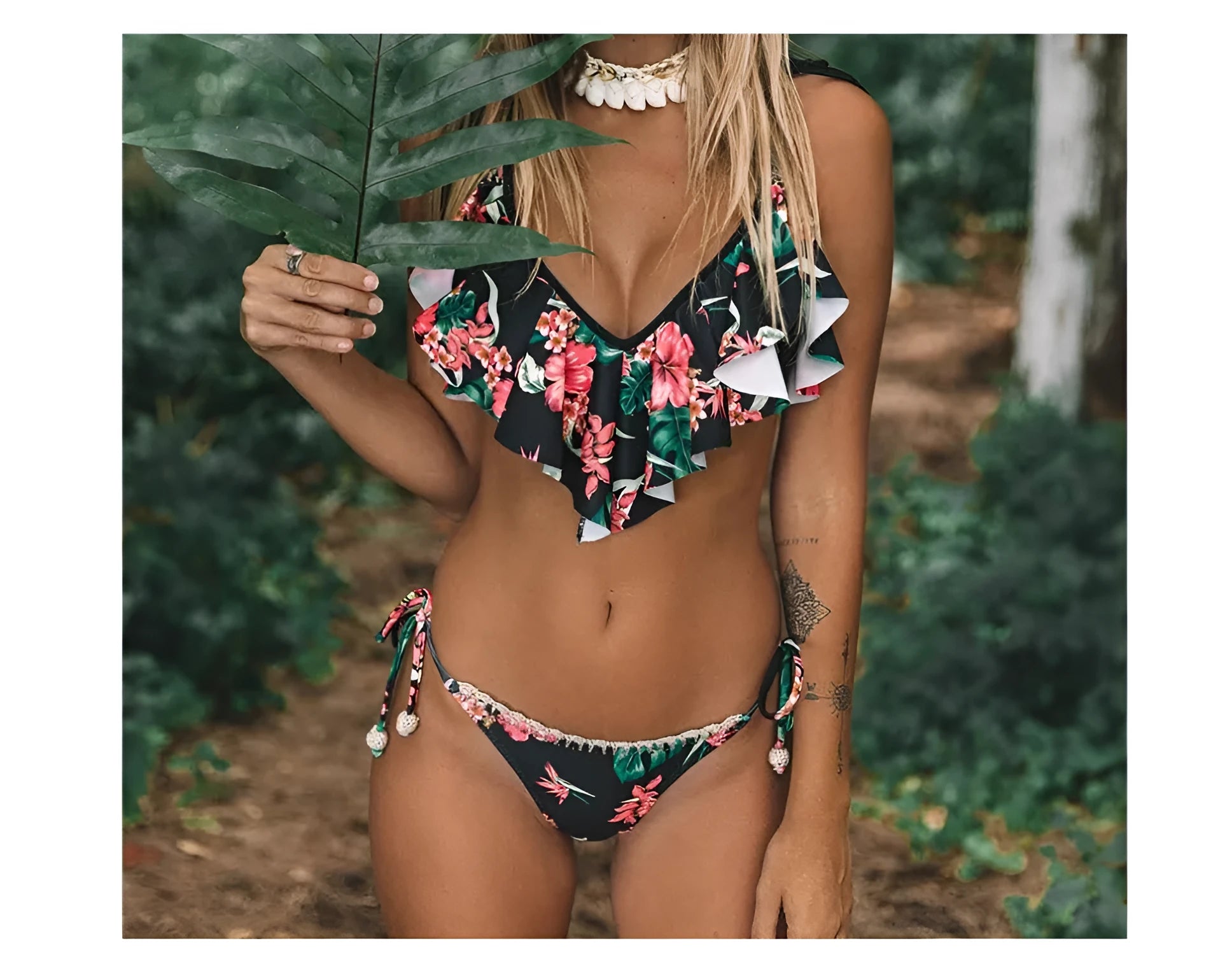 Split swimsuit with bohemian leaf print, black colour, polyester digital printing, chest pad, sizes S M L XL