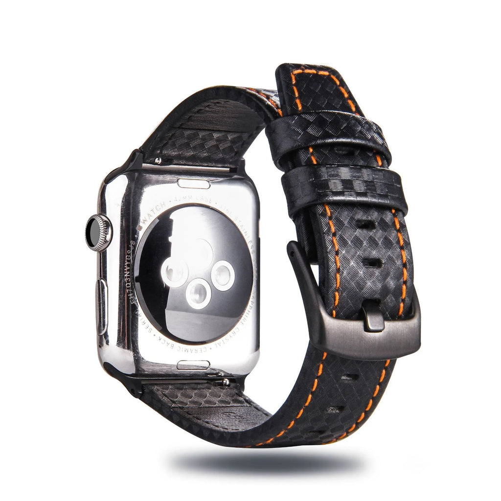 Carbon fibre pattern leather iPhone watch strap and matching hard shell case in four colour options