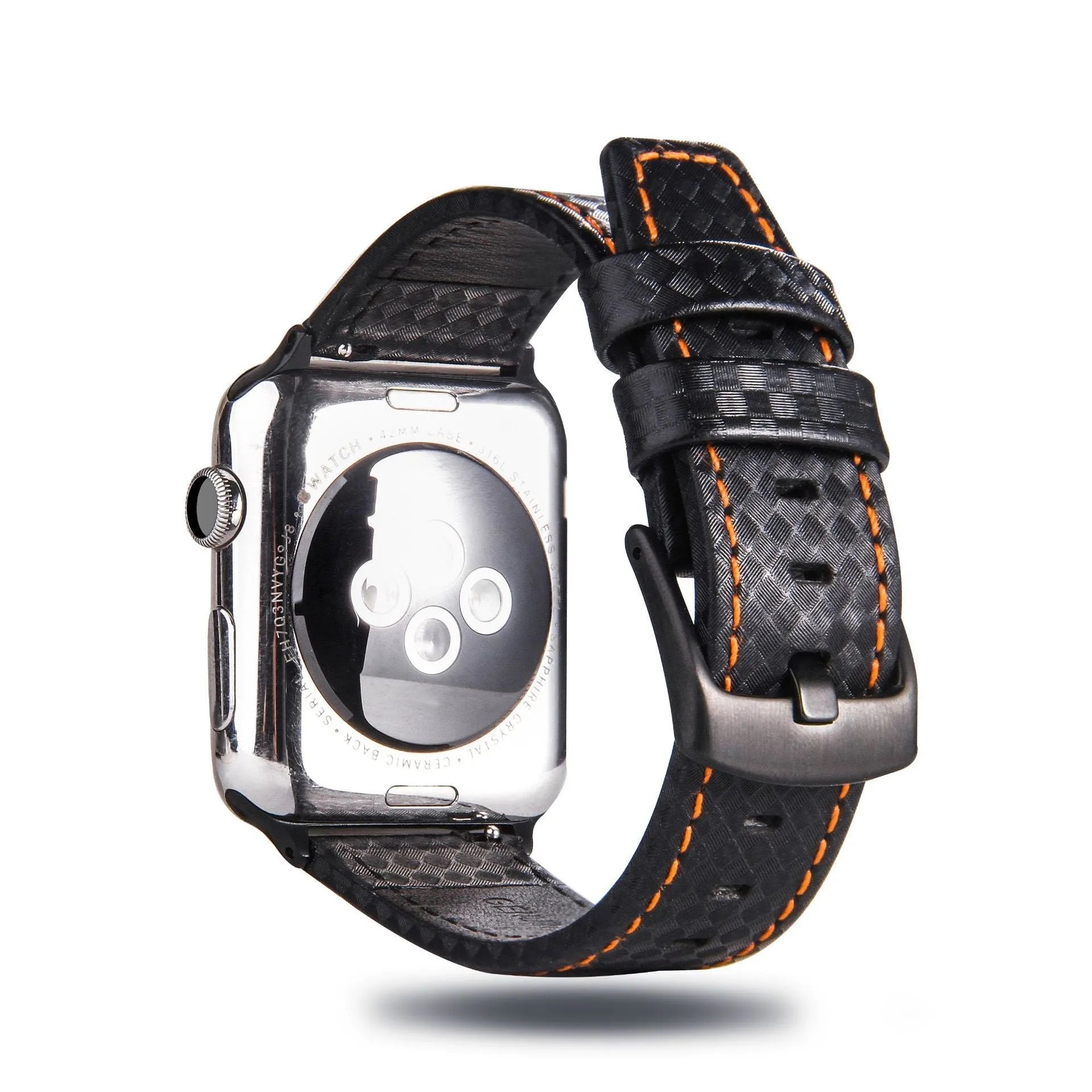 Carbon fibre pattern leather iPhone watch strap and matching hard shell case in four colour options