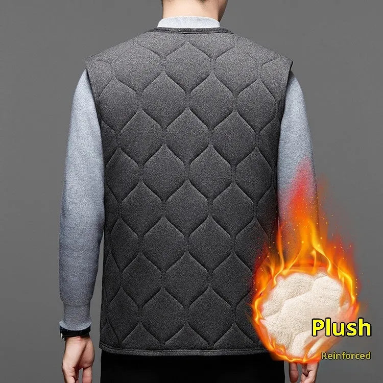 Men's fleece-lined thick cotton vest cardigan in solid colour black with cardigan front, no hood