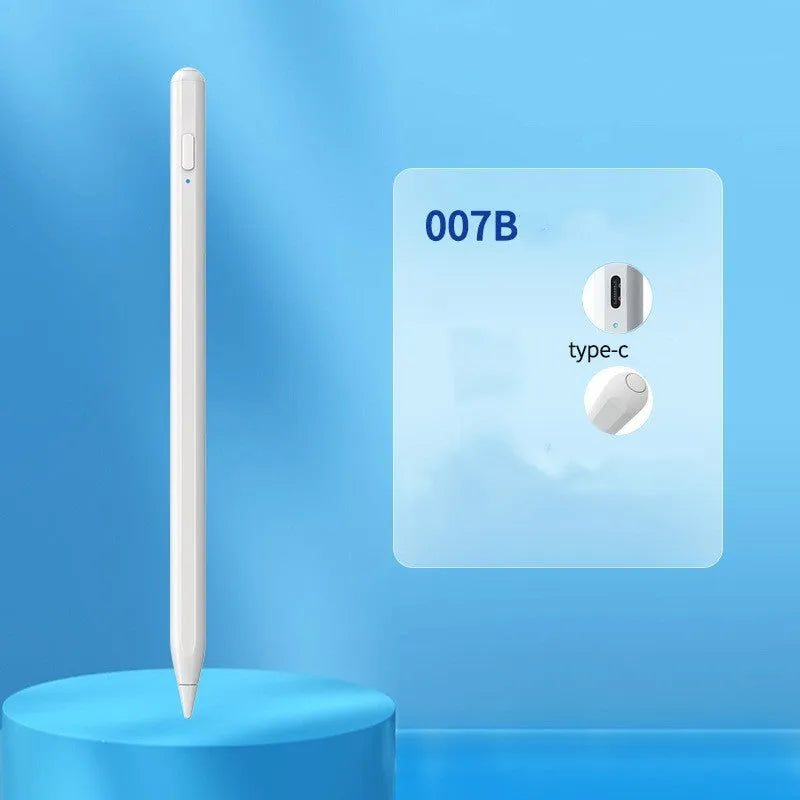 Magnetic rechargeable stylus for iPad and Android tablets showing power display and tilt pressure sensitivity.