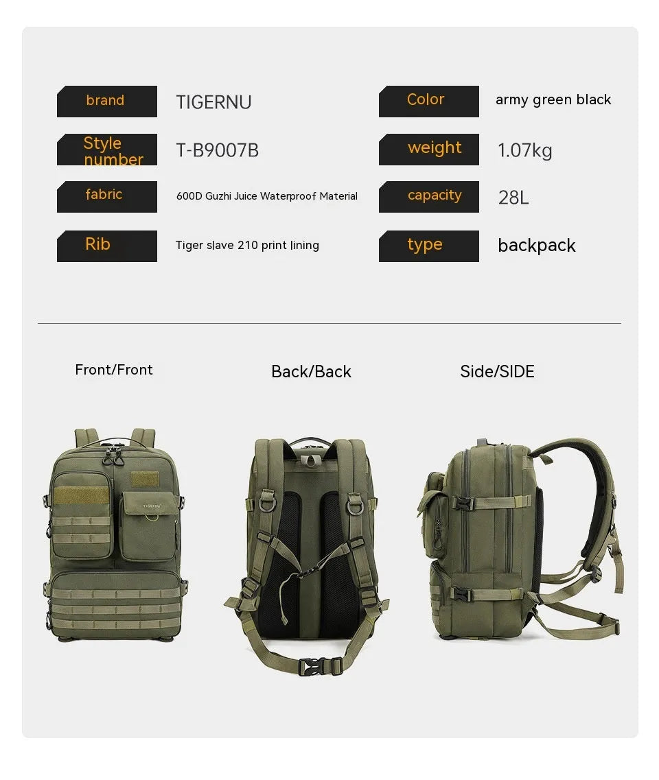 Army Green 17-inch tactical backpack with 20-35 litre capacity for outdoor use
