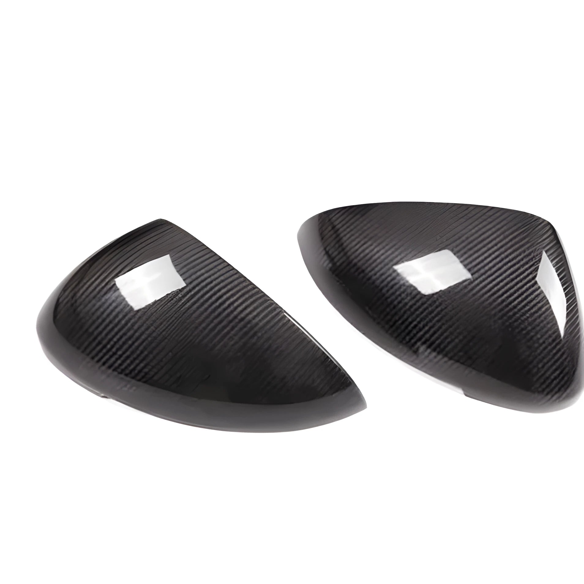 Pair of black true carbon fibre rearview mirror covers for a Porsche Macan.