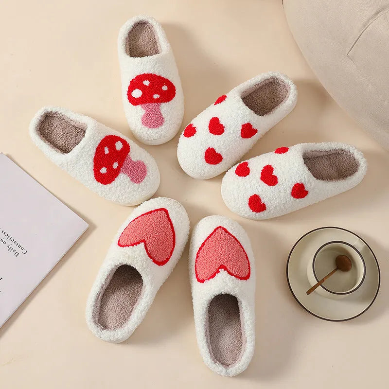 Plush cartoon love style slippers for women with non-slip PVC soles in multiple colours.