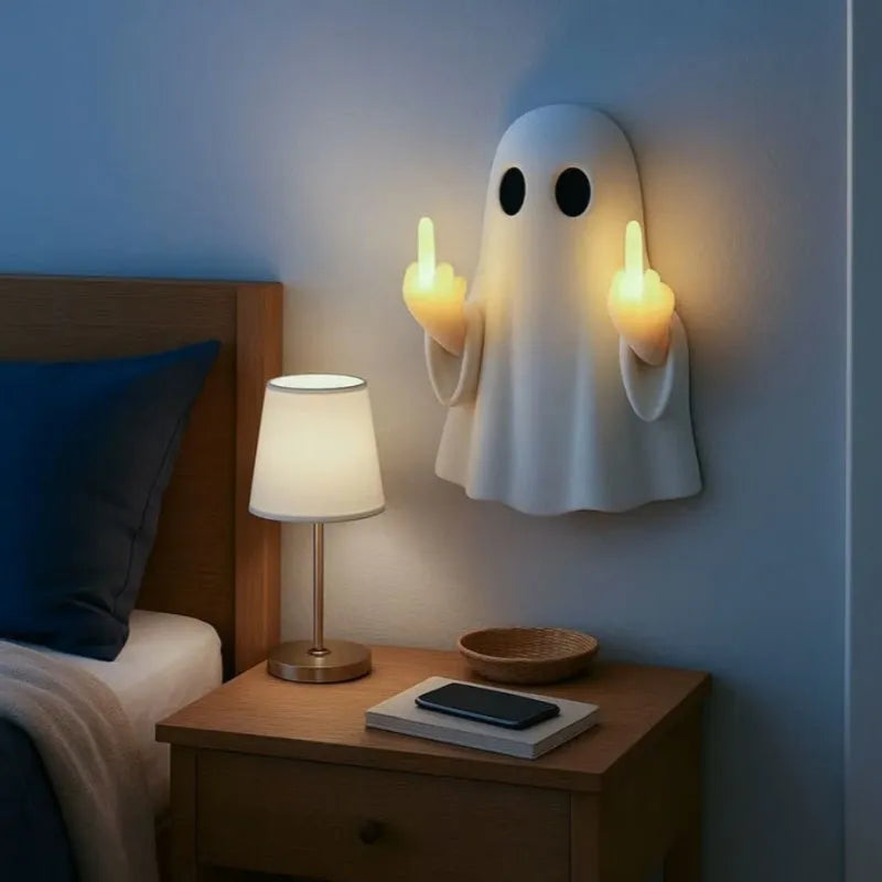 White plastic ghost statue night lamp with LED illumination for Halloween decor measuring 19.85cm tall