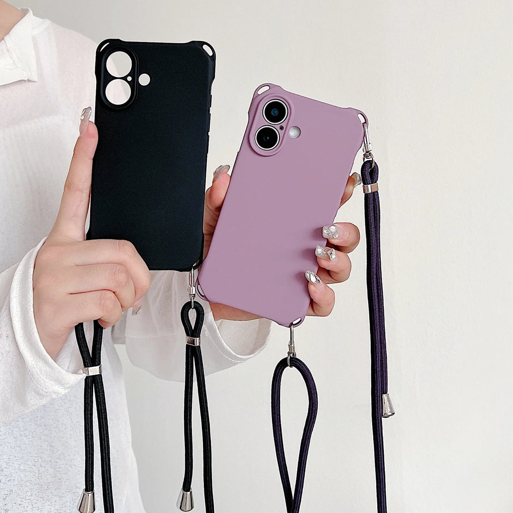 Four-corner cross lanyard liquid silicone phone case for Apple iPhone 16 in antique white with matching lanyard