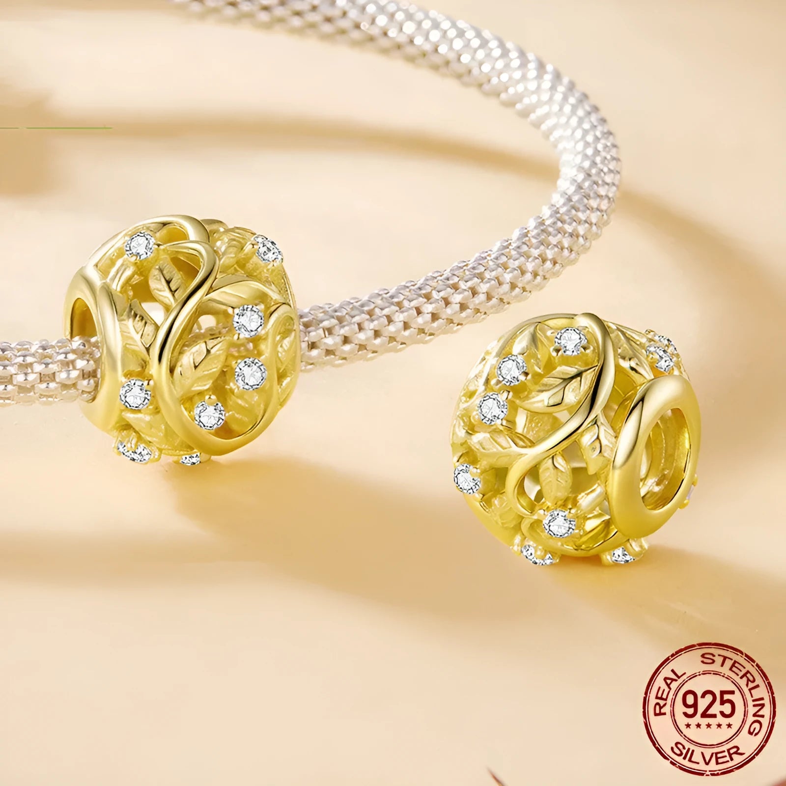 S925 sterling silver plated 14k golden leaf bead with 0.45cm aperture on white background