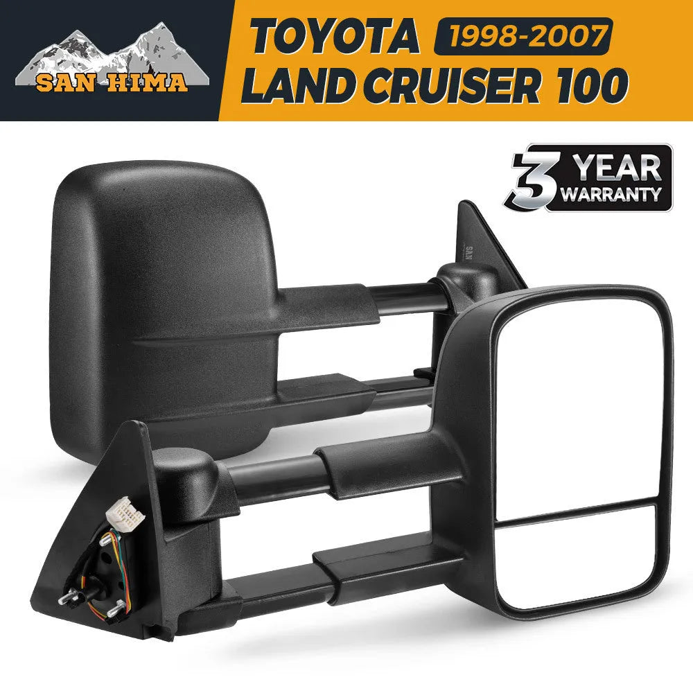 Black plastic foldable rearview mirror for Toyota Land Cruiser 100 series.