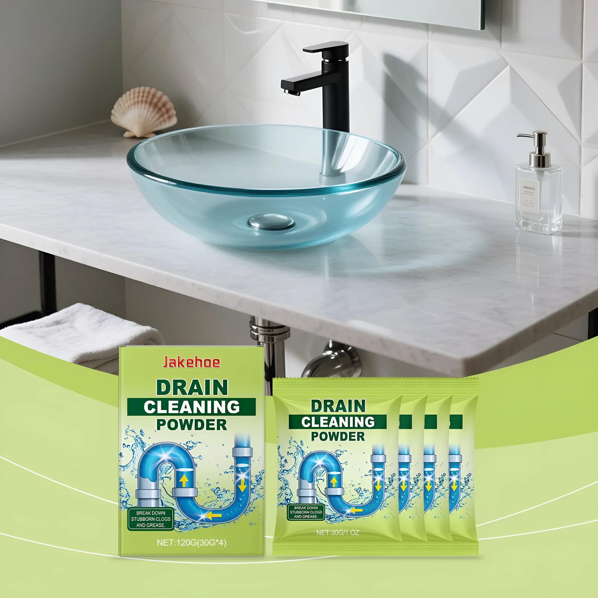 120g bottle of chemical drain cleaning powder for unblocking sinks and pipes