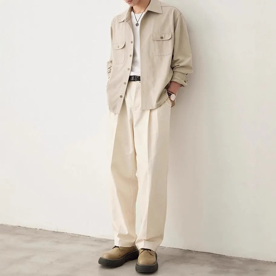 Men's lapel collar casual shirt in cotton fabric available in light sand rice and nautilidae colours
