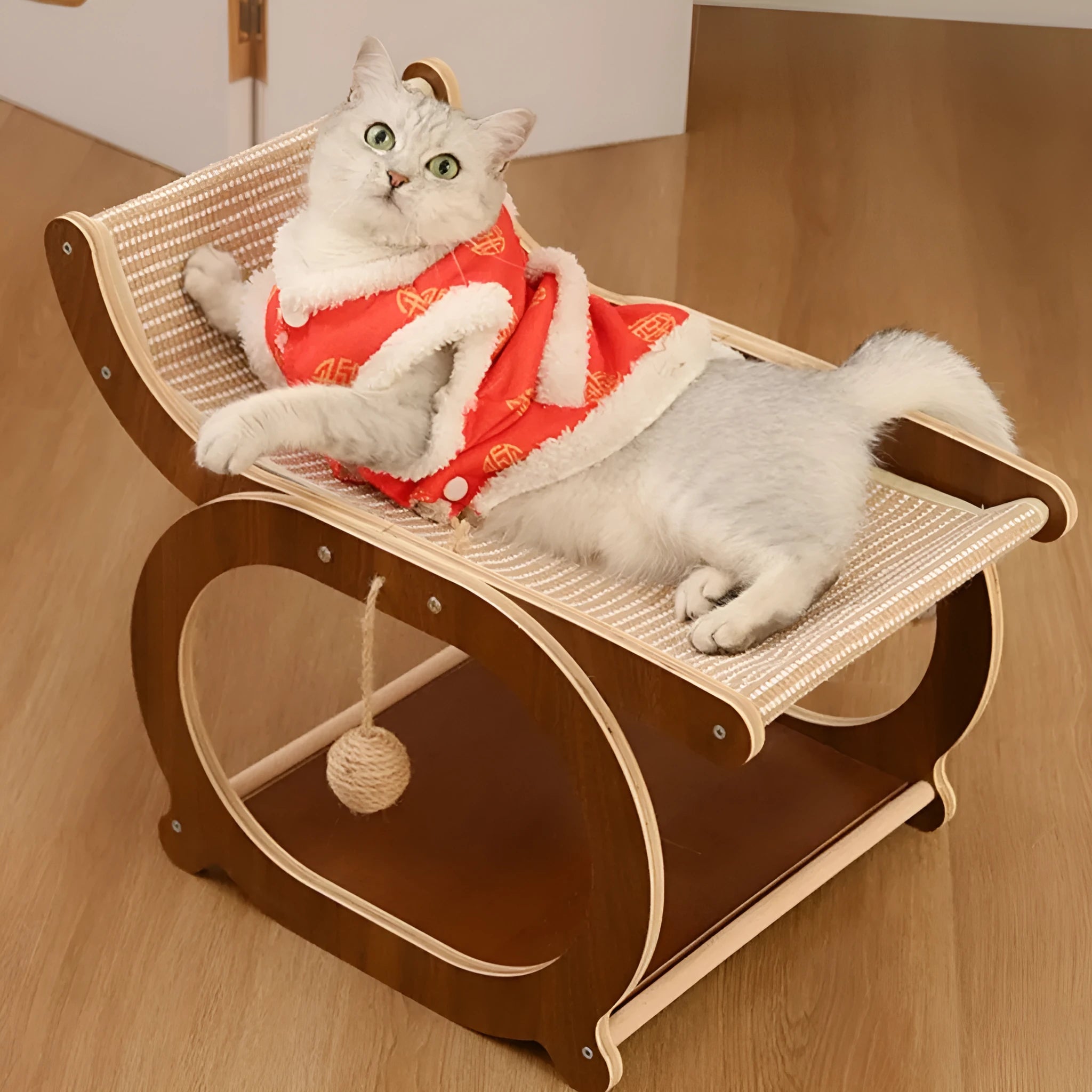 Solid wood cat scratcher and bed with sisal scratching surface in walnut colour