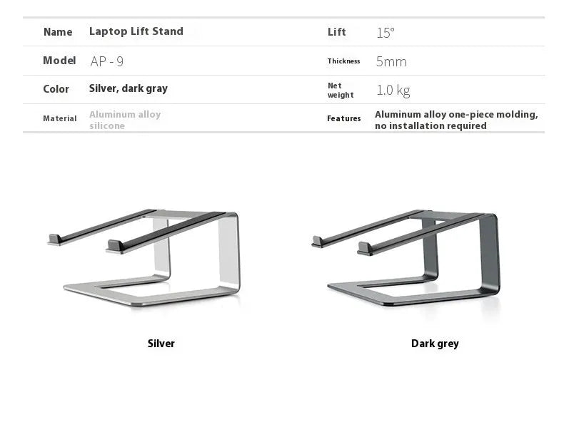 Black aluminium alloy laptop stand with 29.9 cm width on desktop