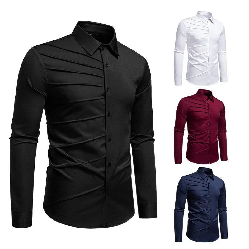 Men's pleated design casual long-sleeved shirt in slim-fit cardigan style, polyester fabric, white colour
