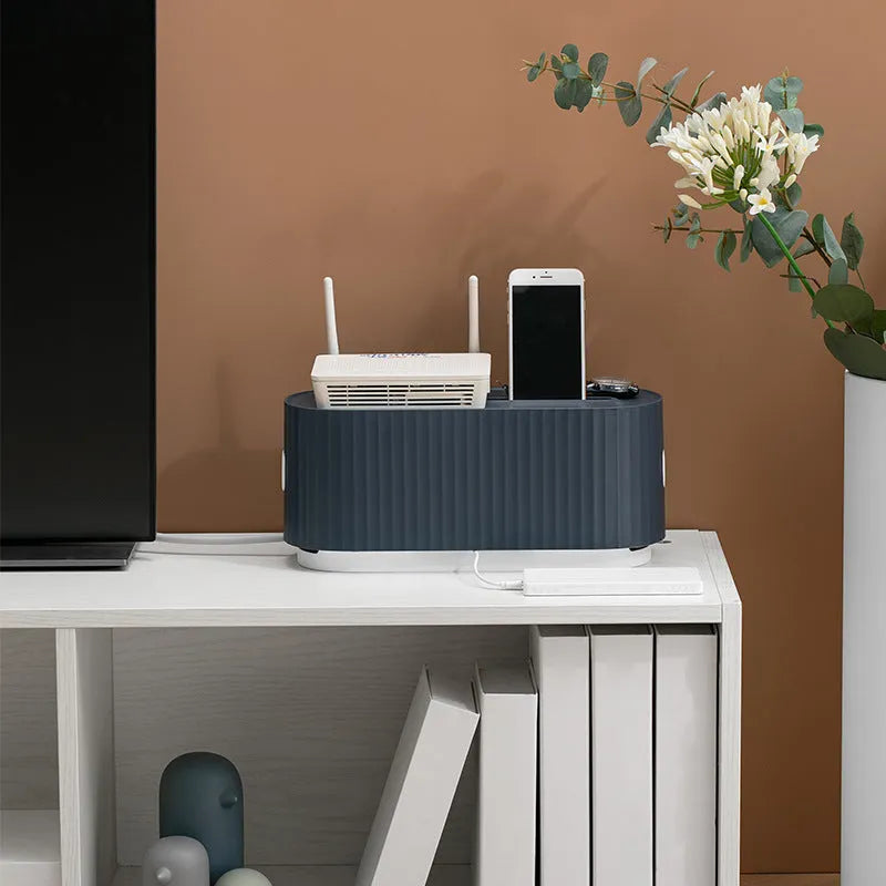 Cloud Power Storage Box in blue with power strip inside, bottom cable holes visible, HIPS material, 331x143x141mm