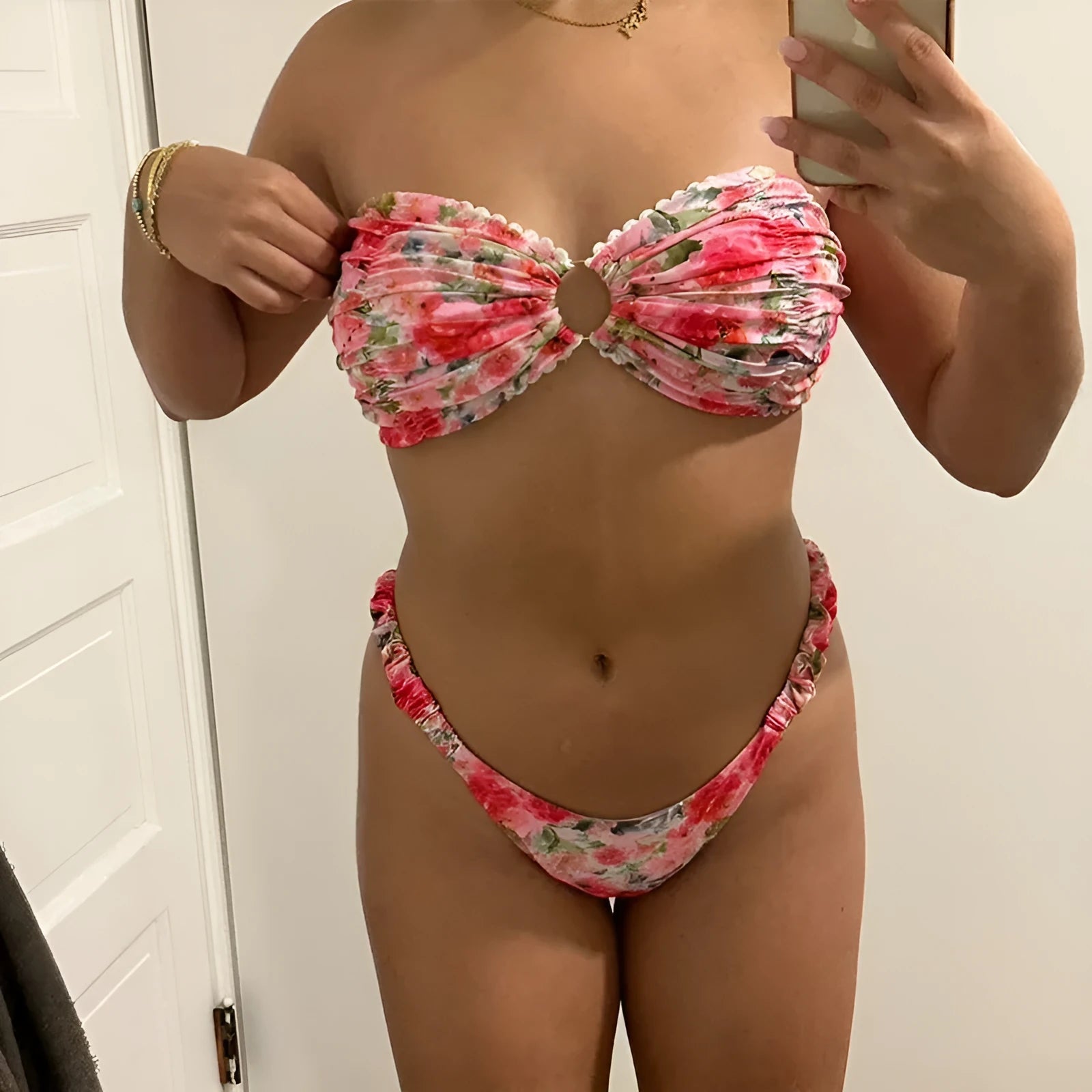 Women's floral printed tube top bikini set with lace trim in blue colour