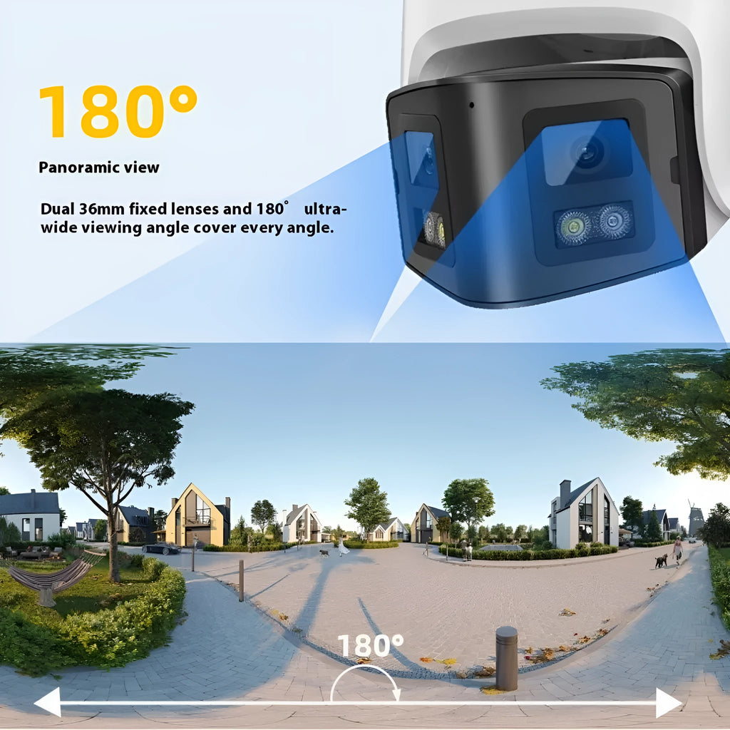4MP dual-lens panoramic CCTV security camera with metal IP66 housing.