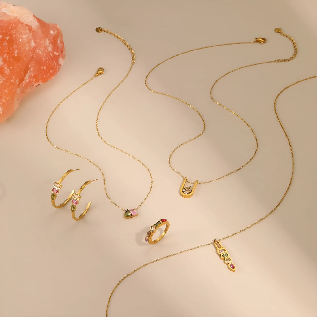 Geometric colour zircon necklace with matching gold plated earrings and ring on stainless steel chain
