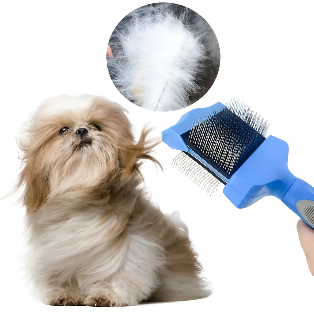 Blue double-sided pet brush with ergonomic handle shown next to pink version, displaying soft and firm stainless steel pin sides.