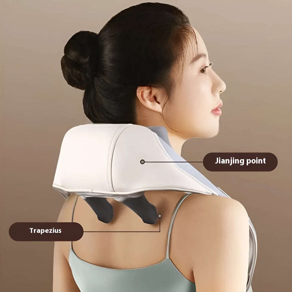 Blue foldable electric neck and shoulder massager with heat settings, shown unfolded.