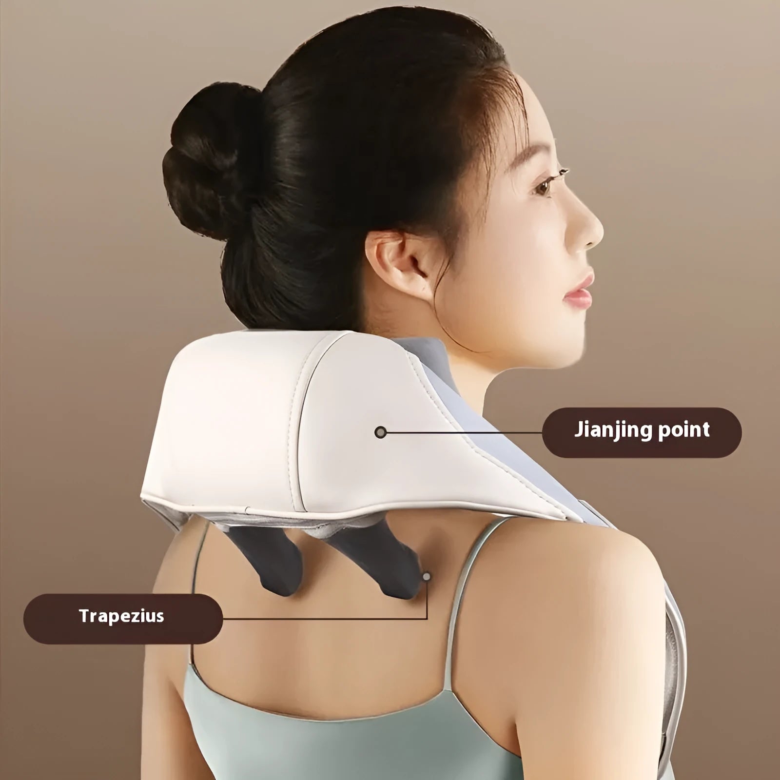 Blue foldable electric neck and shoulder massager with heat settings, shown unfolded.