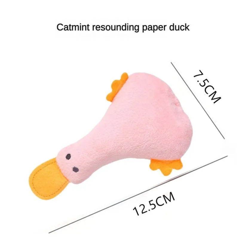 Plush duck pet toy with catnip filling and squeak sound feature in multiple colour options