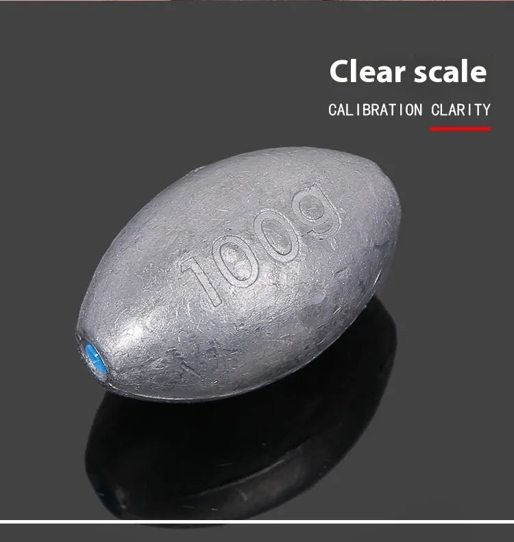 Tongxin style rugby-shaped olive lead fishing sinker with scale texture and plastic core, shown with weight options.