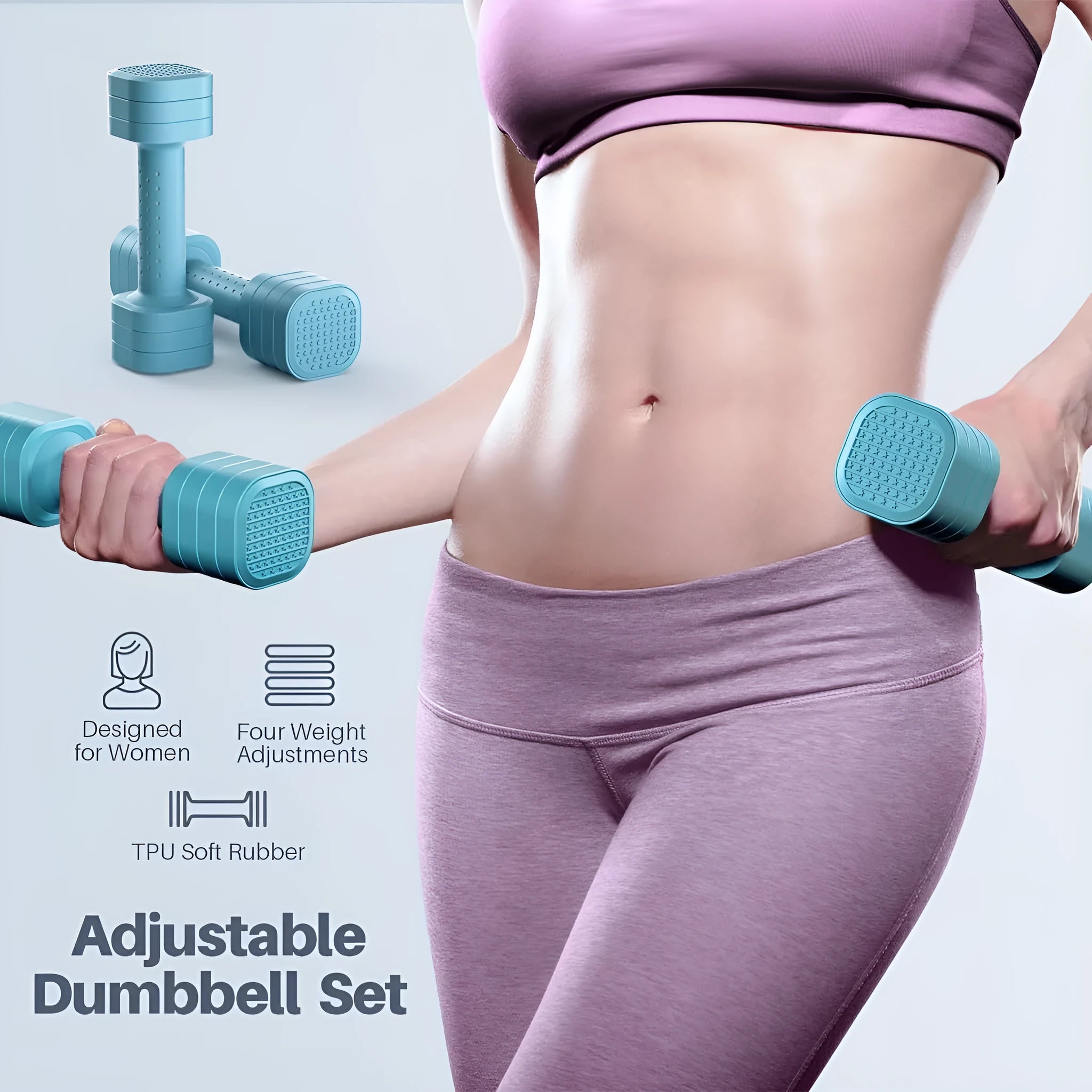 A pair of 5lb detachable dumbbells for women's fitness, shown in a choice of pink, blue, black, or purple colours.