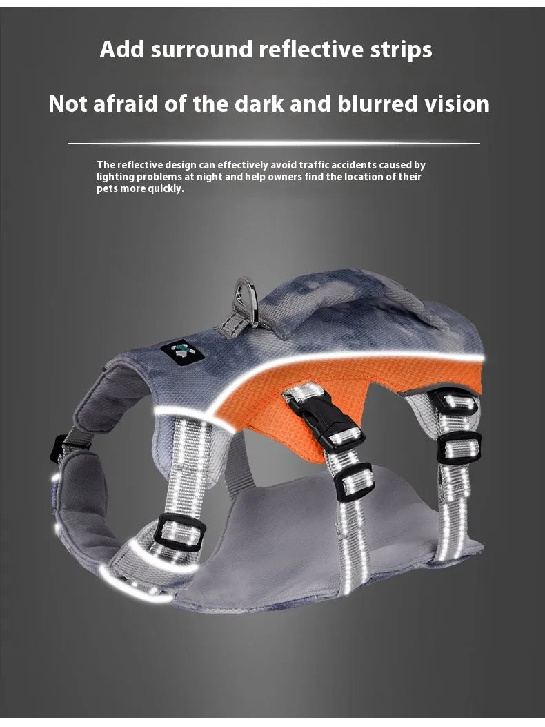 Reflective light blue dog cooling chest strap made of polyester fabric on a dog.