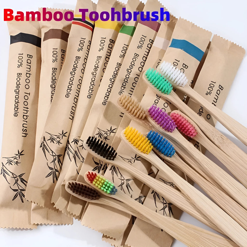 Set of ten bamboo-handled toothbrushes with charcoal bristles in assorted colours on a white background.