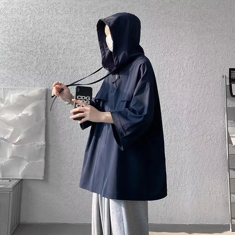 Men's hooded short sleeve polyester t-shirt in solid colours with loose fit design