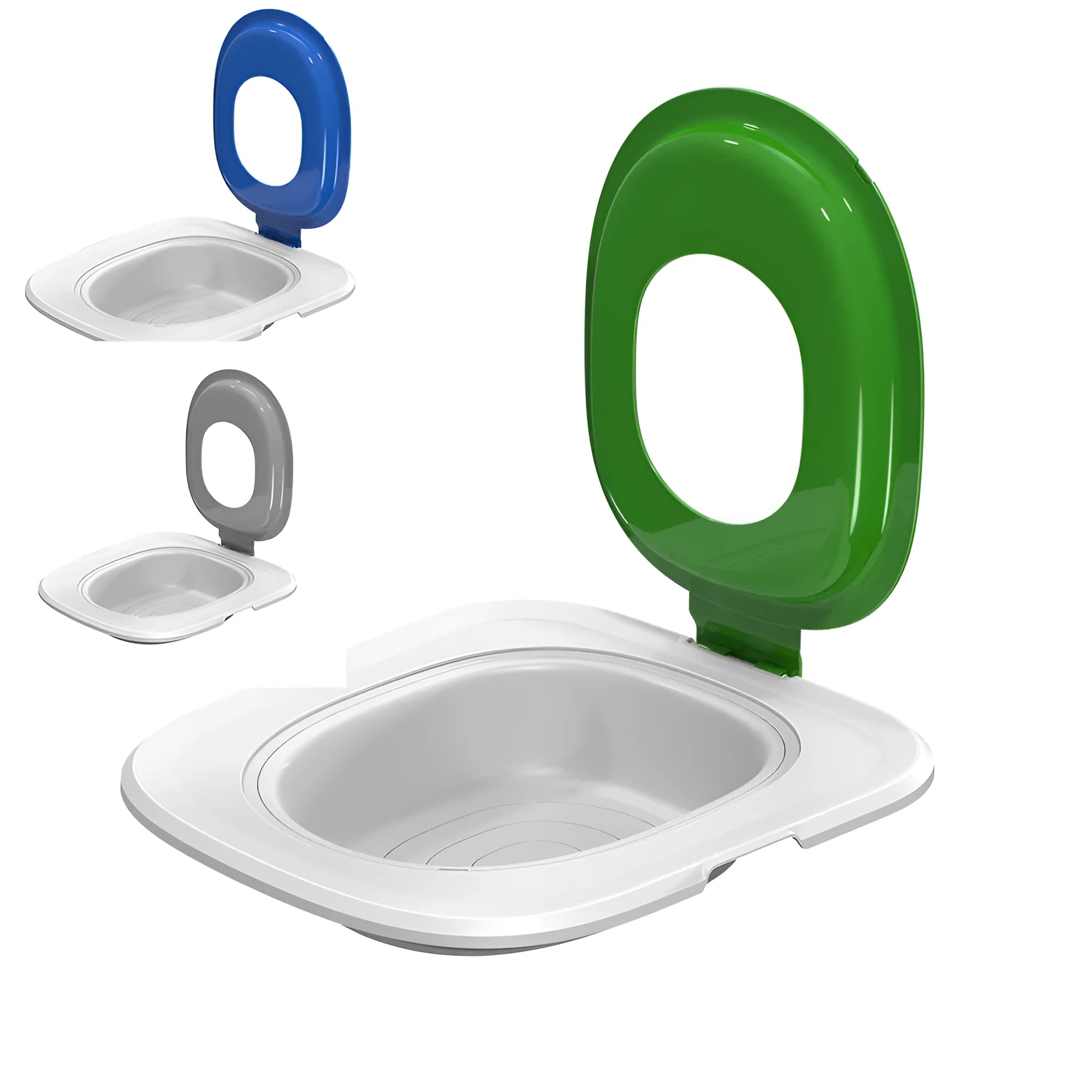 Fifth generation cat toilet trainer in grey colour showing new shape design for litter containment