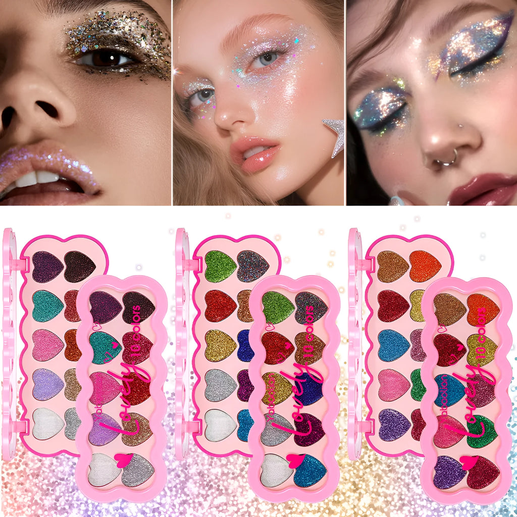 Pearlescent heart design eye shadow palette showing ten colours including white, beige, pink, purple, brown, blue, black, royal blue, maroon, and coral
