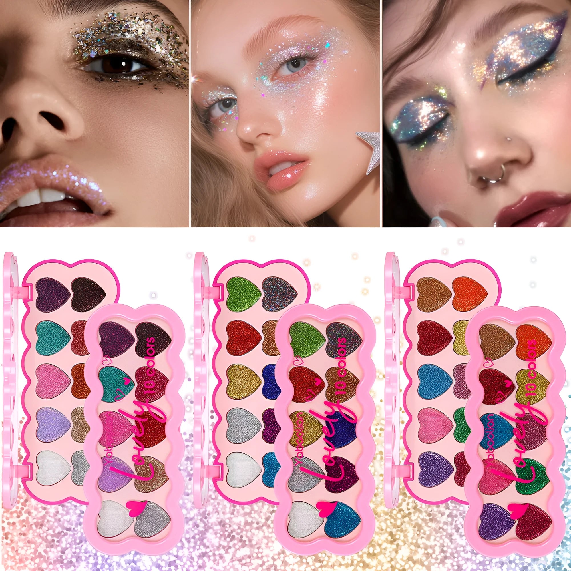 Pearlescent heart design eye shadow palette showing ten colours including white, beige, pink, purple, brown, blue, black, royal blue, maroon, and coral