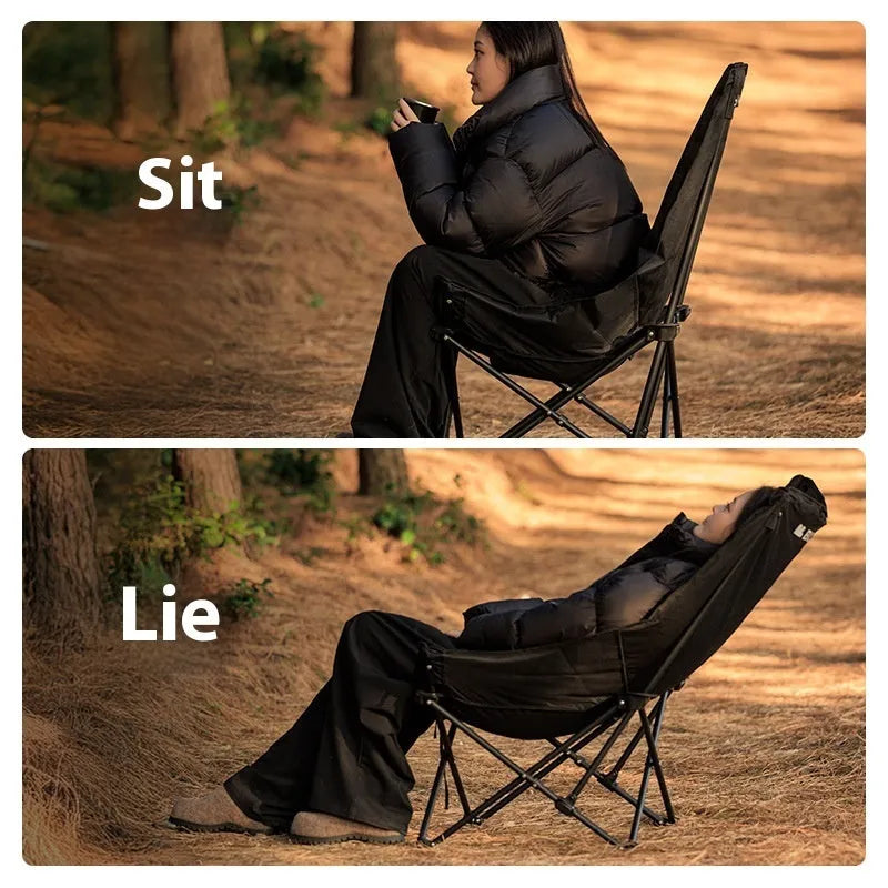 Night black Oxford cloth camping moon chair in folded and unfolded positions