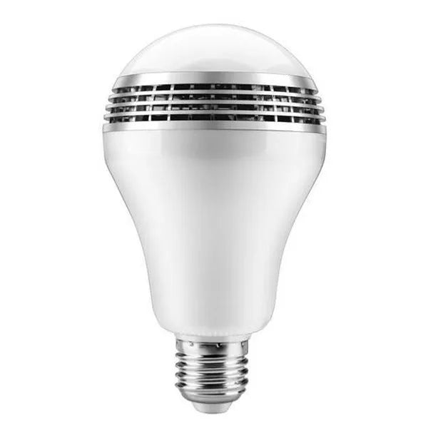 White E27 LED smart bulb with integrated Bluetooth speaker, dimensions 100x150mm.
